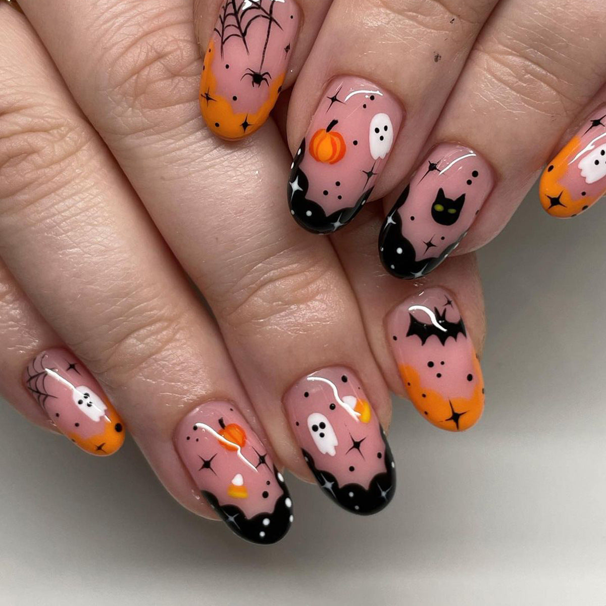 Black Spider Web and Bat Halloween Nails