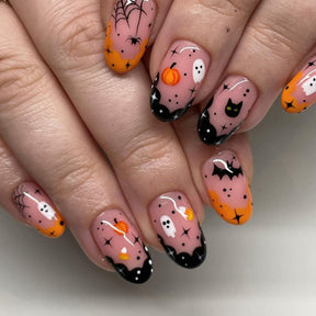 Black Spider Web and Bat Halloween Nails