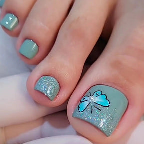 Spring/Summer New Haze Green Shiny Nails, Silver Blue Butterfly, Foot Nails