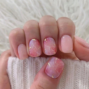 Short Cherry Blossom Ombre Nails with Gold Foil, Sweet Ins Style