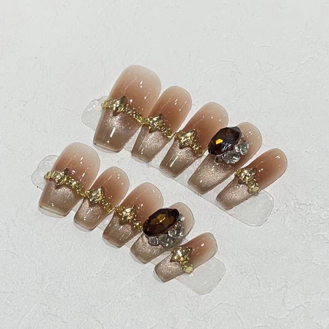 Chic Handmade Crystal Cat Eye Fall Nails, Simple and Versatile Short Nail Patches