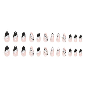 Black White Zebra Almond Nails Silver Glitter Ribbon Galaxy Sweet Cool Girls Fake Nails