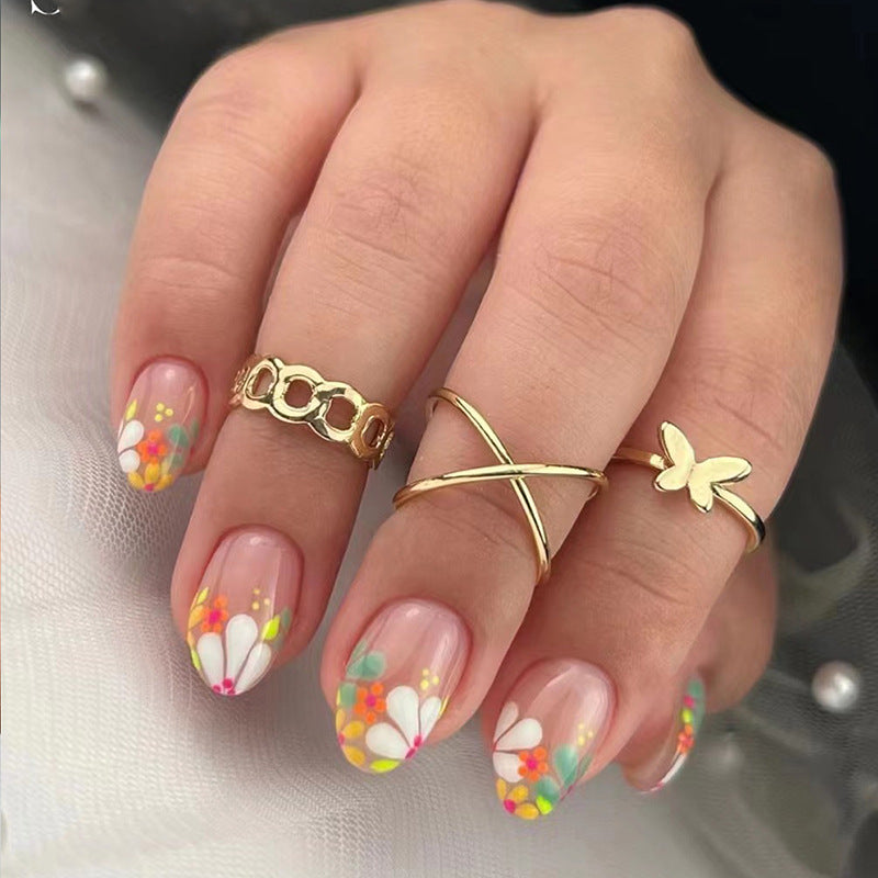 Oval Colorful Flower Nails, Vintage Bouquet, Spring/Summer Ins Style