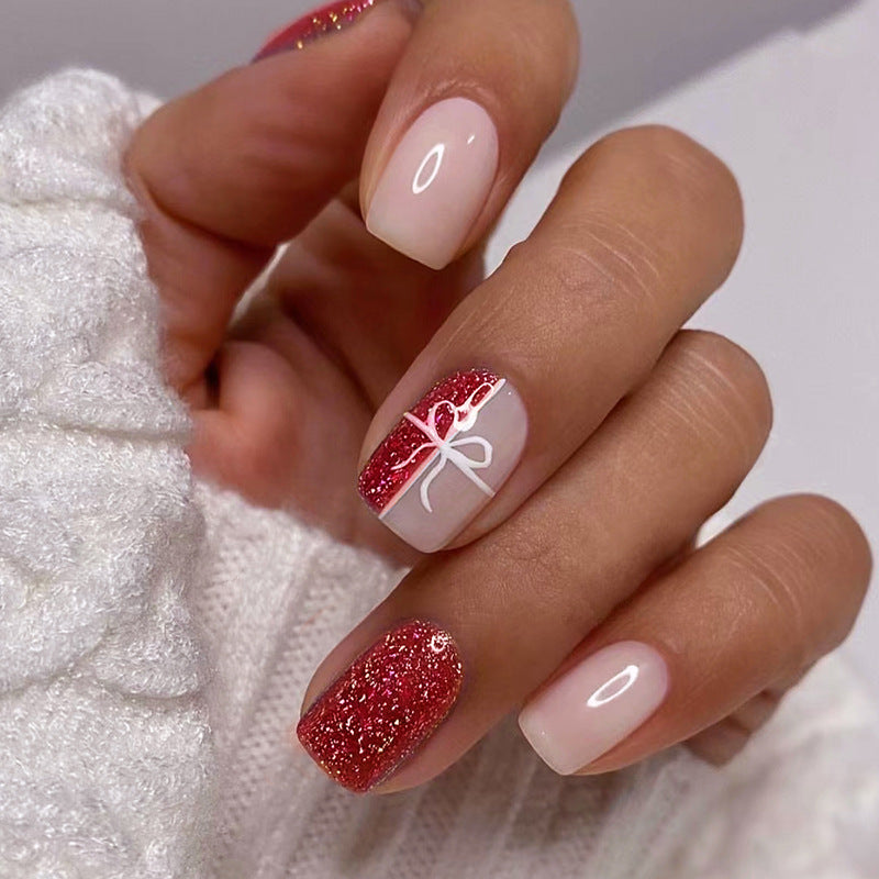 Short Shiny Red Nails, Christmas Gift Box, Ins Style