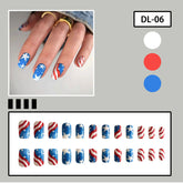 4th of July White Blue Star Line Short Square Nails