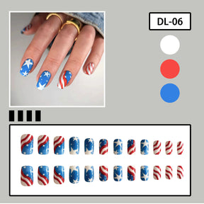 4th of July White Blue Star Line Short Square Nails