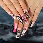 Black & Pink Halloween Nail Tips with Web and Flames