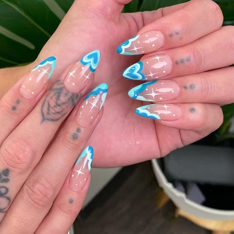 Cool Summer Lake Blue Heart French Almond Nails Ins-Style