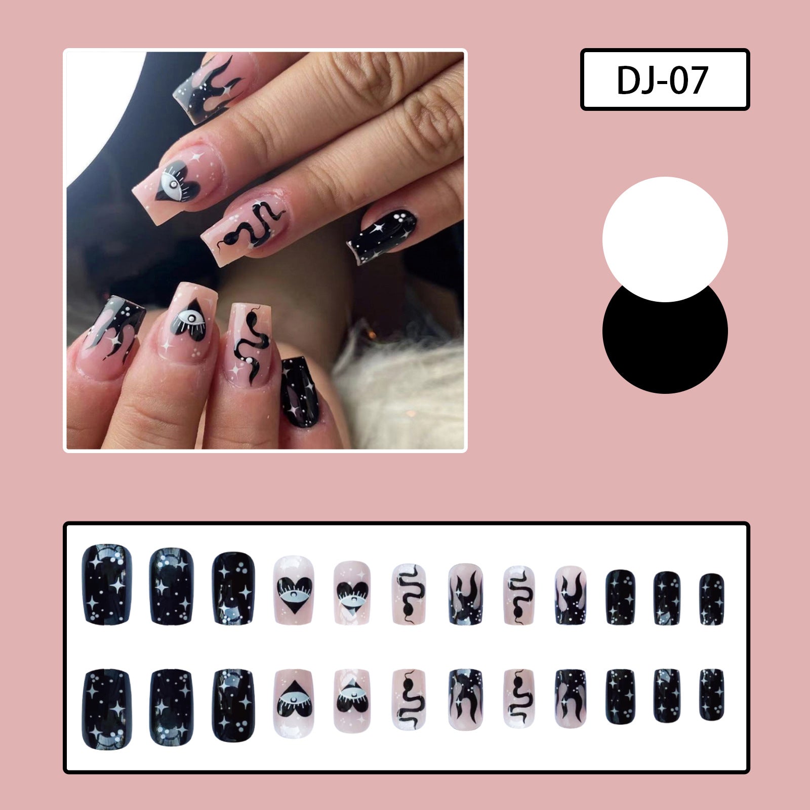 Black Snake Print Evil Eye Press-On Nails, White Star Polka Dot