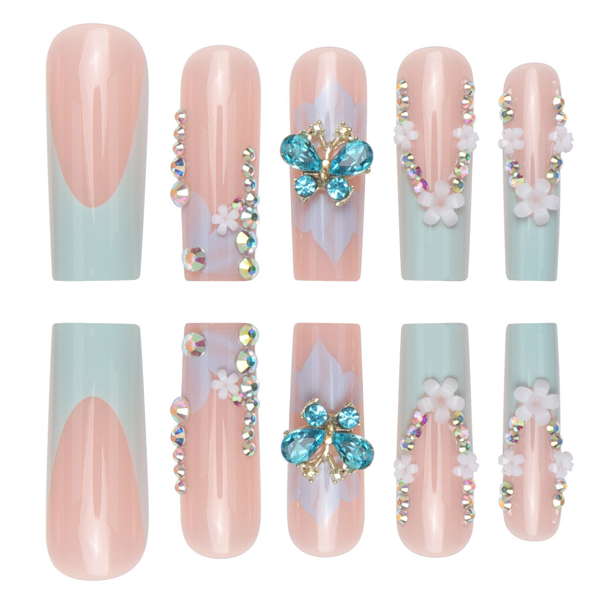 Long French Nail Extensions with Floral and Butterfly Design