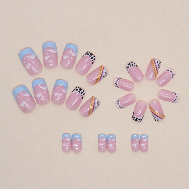 Cute Cow Print Rainbow Stripe Sky Nails Colorful Summer Eye-Catching Fake Nails