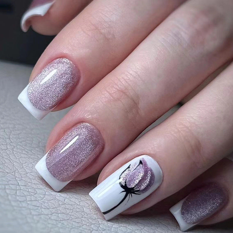 Shiny Full-Cover Square French Nail Stickers with Flower Buds