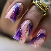 Pink Purple Gold Edge Mid-Length Euro Square Nails, Edgy & Stylish