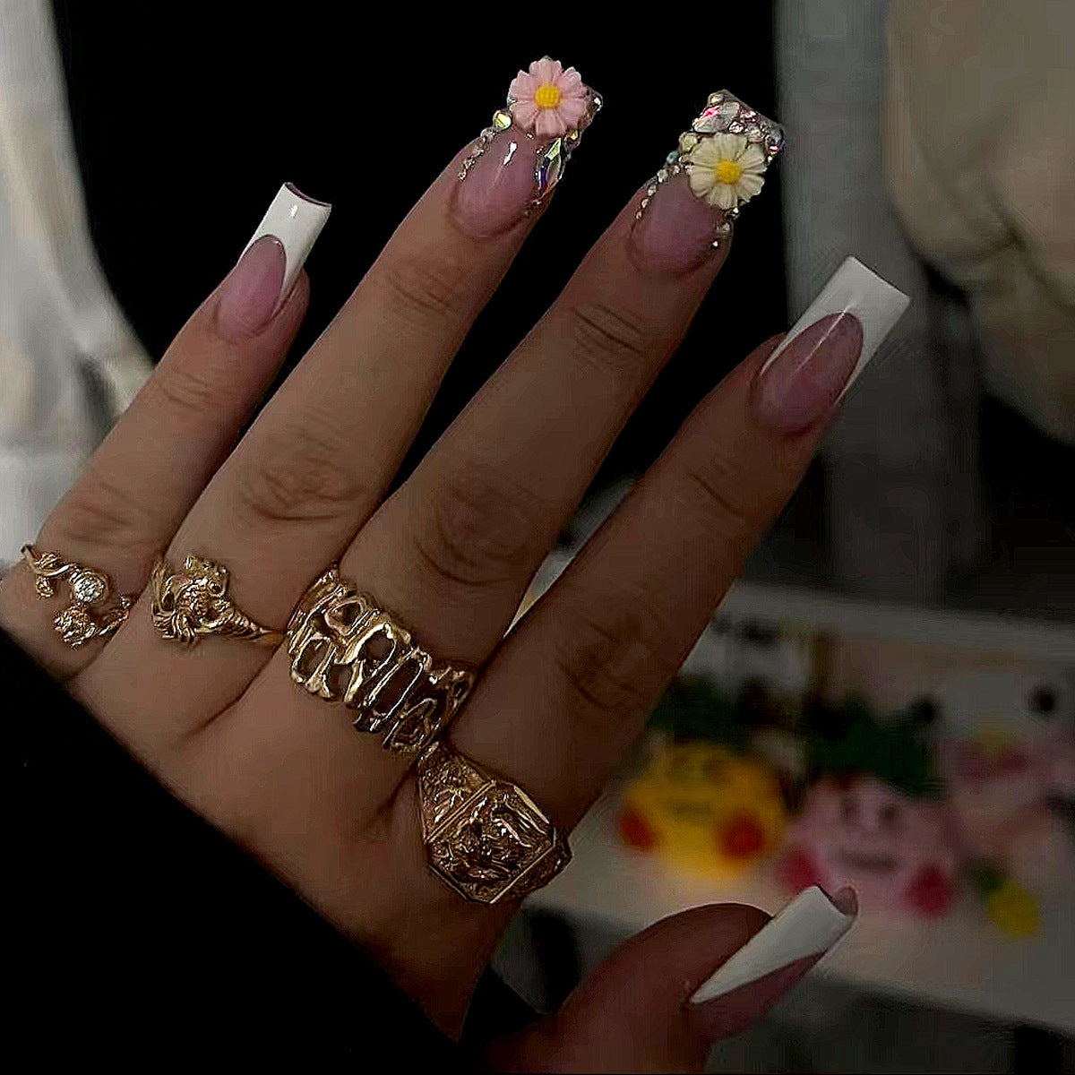 French Daisy Crystal Nail Tips with White Edge and Pink