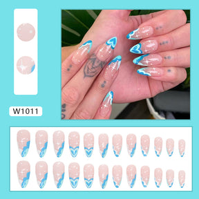 Cool Summer Lake Blue Heart French Almond Nails Ins-Style