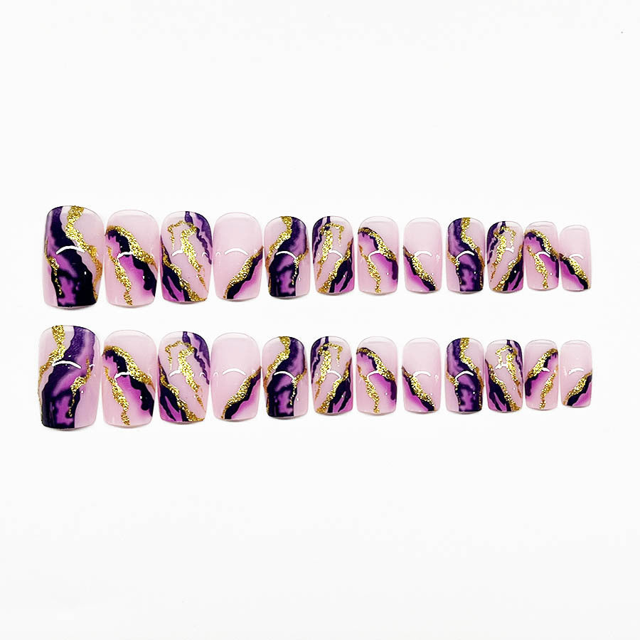 Pink Purple Gold Edge Mid-Length Euro Square Nails, Edgy & Stylish