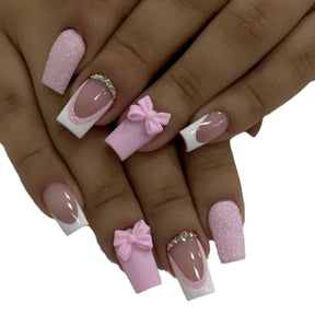 24-Piece Short Shiny French Pink Bow Nails