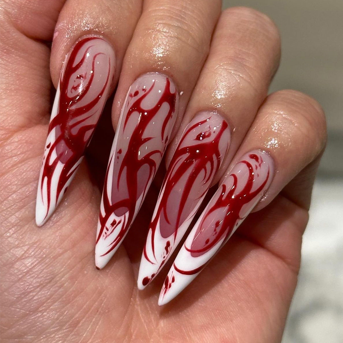 Reusable Red Flame Ombre Long Pointed Fall Nails for Halloween