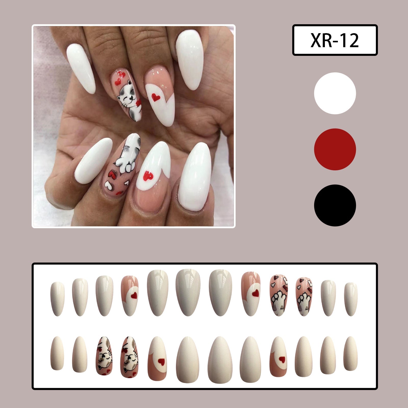 White Almond Nails with Cute Cat and Heart Designs