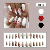 White Almond Nails with Cute Cat and Heart Designs