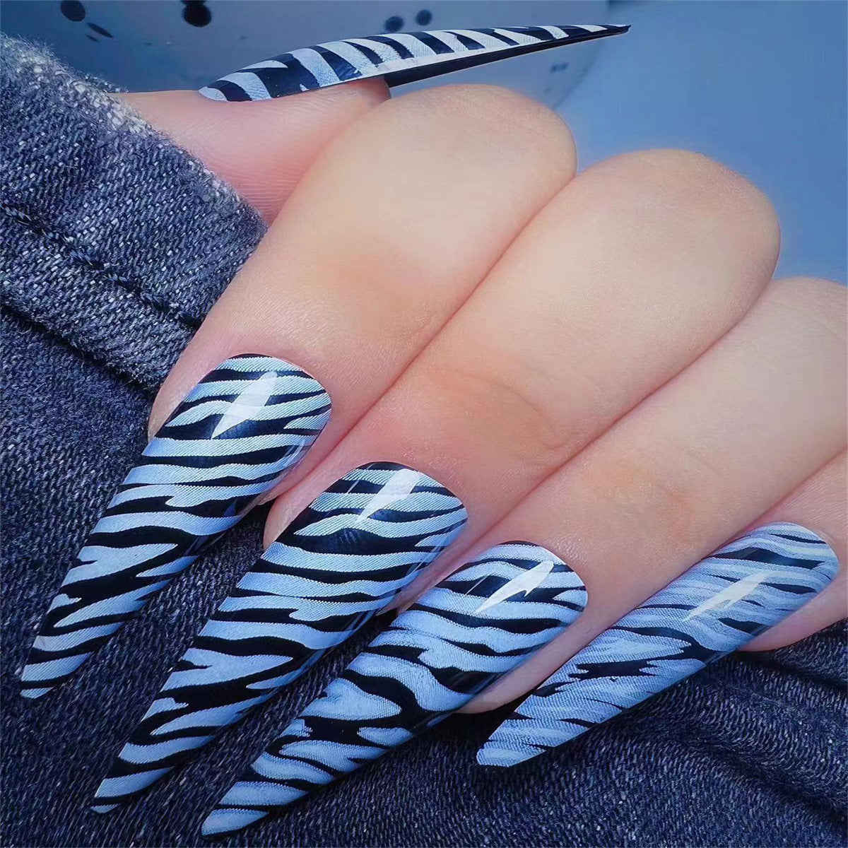 Blue Black Zebra Print Long Pointed Nails - Removable (Wholesale 24-Piece)