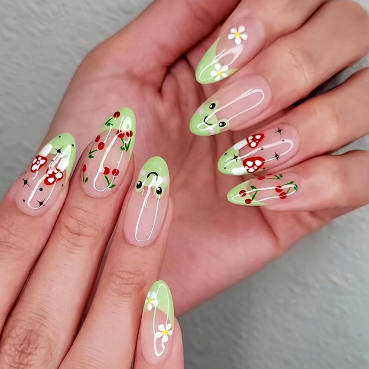 Almond Fresh Green French Cherry Blossom Frog Detachable Fake Nails