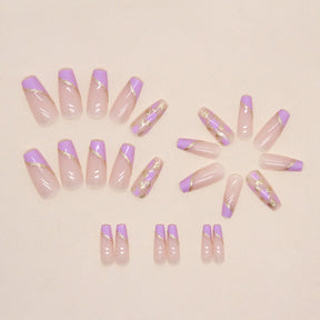 Simple Gold Foil Purple Nails Whitening French Super Glitter Wearable Nails Practice