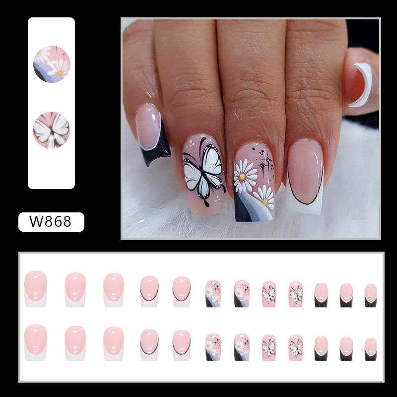 Sweet Cool Ins Style Black White Ombre French Butterfly Nails Euro Fashion Mid-Length