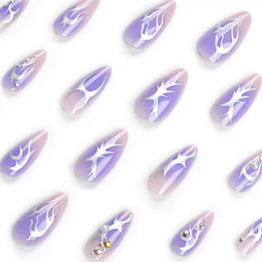 Almond Nail Tips with Silver Purple Flame Design