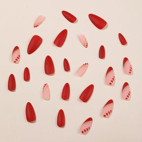 Almond Shaped Red Matte Sweet Heart Line Detachable Fake Nails