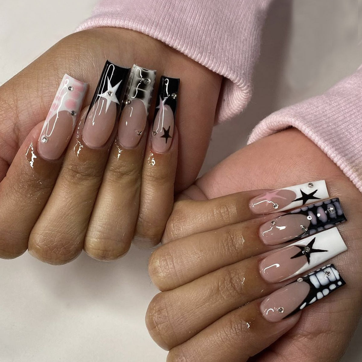 Long Water Pipe French Nails with Black and White Stars