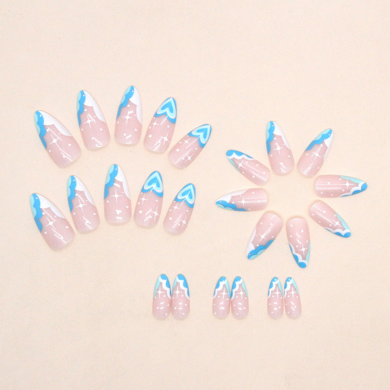 Cool Lake Blue Heart French Nails, Sweet and Stylish