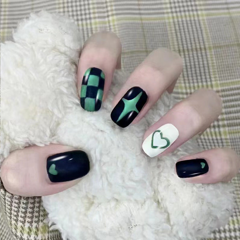 Dark Edgy Green-Black Checkerboard Nails - Wholesale (24-Piece)