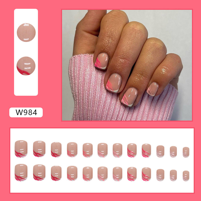 Short French Zebra Stripe Rose Pink Ins-Style Nails