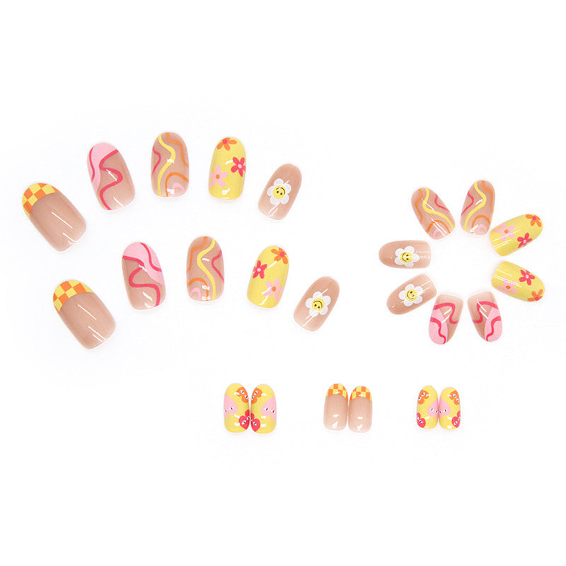 Cute Round Head Multi-Color Sunflower Smile Fall Nails, 24-Piece Wholesale Set