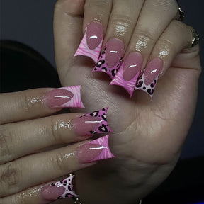 Pink Leopard Print French Tip Removable Nail Extensions