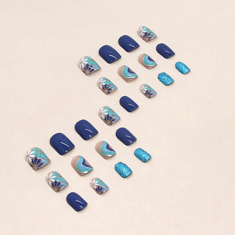 Short Fresh Morandi Blue Flower Wave Nails Sparkling Blue Glitter Wearable Fake Nails