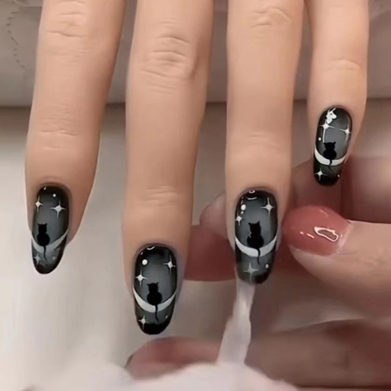 Oval Black Cat Cool Girl Fall Nails - Removable Nail Tips