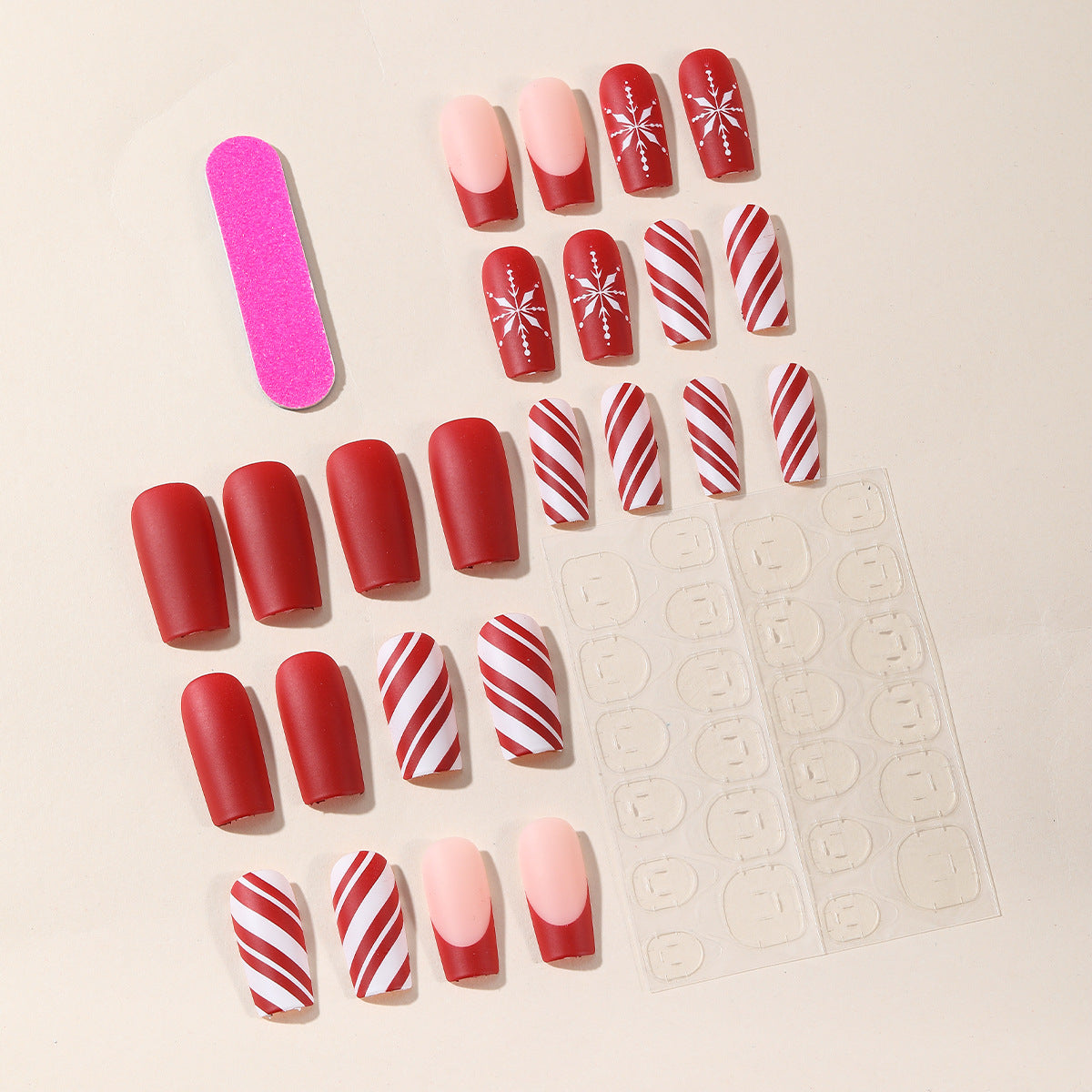 Christmas Red White French Snowflake Matte Removable Nails