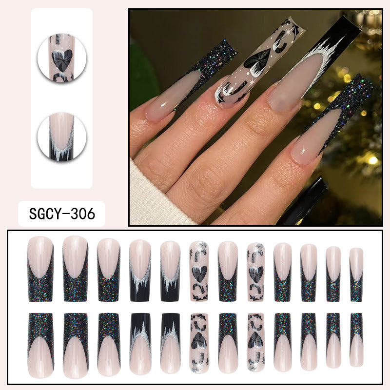 Long French Heart Sparkle Edgy Glam Nail Tips