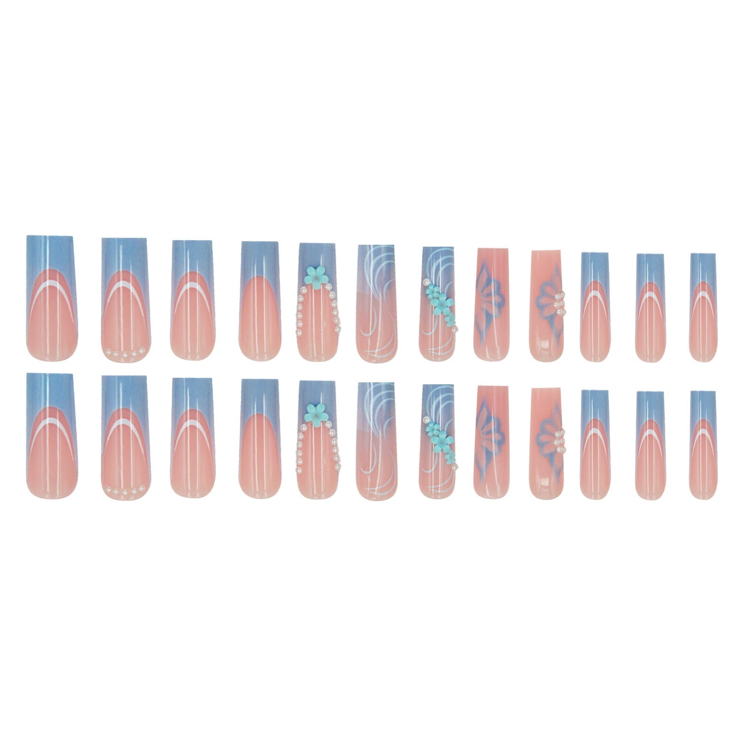 Blue French Minimalist White Line Flower Pearl Nail Extensions