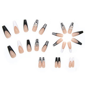 Wholesale Finished Long Ballet Nails Black Mysterious Cross Pattern 24-Piece Box