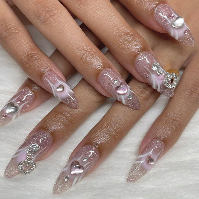 Pastel Ombre Heart Drip Diamond Nails Round Almond Sweet Ins Style