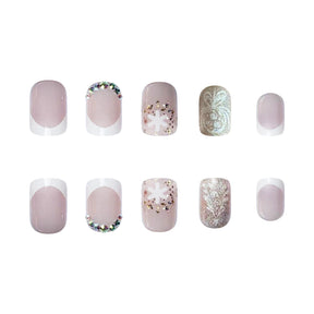 Christmas Short Square Pearl 3D Crystal Nails with Snowflakes and Trees