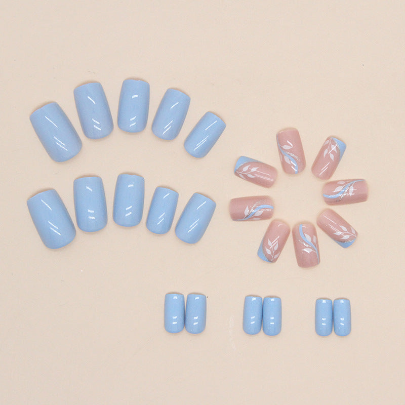 24-Piece Light Blue Leaf Nails - Summer, Sweet & Cool