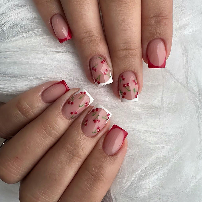 Chic Fall Nails: Removable French Cherry Nail Stickers, 24 Pieces