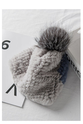 Winter Fashion Real Rabbit Fur Hat with Fox Pom Pom