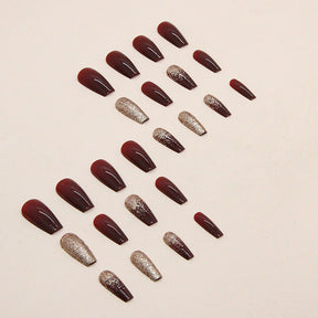 Flashy Gold Glitter Wine Red Bride Nails, Medium Length for Festivals