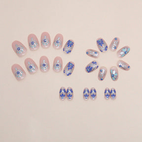 Short Oval Blue-patterned Mysterious Silver Eye Nails, Ins Style