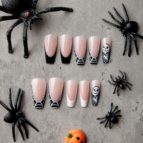 Black and White French Mid-Length Flat Ballet Nails: 24-Piece Halloween Spider Web Fall Nails